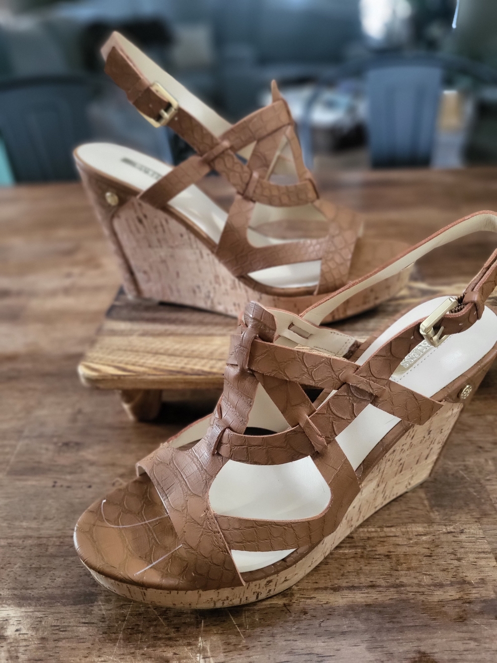 GUESS: Brown Faux-Croc Wedge Sandals with Cork Heel